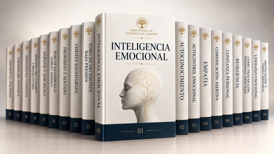 Los 20 volúmenes de la Biblioteca de Inteligencia Emocional alineados, con la portada de la colección al frente